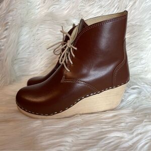 Maguba Brown Leather Wood Wedge‎ Clog Wedge Boot Women’s 38 8